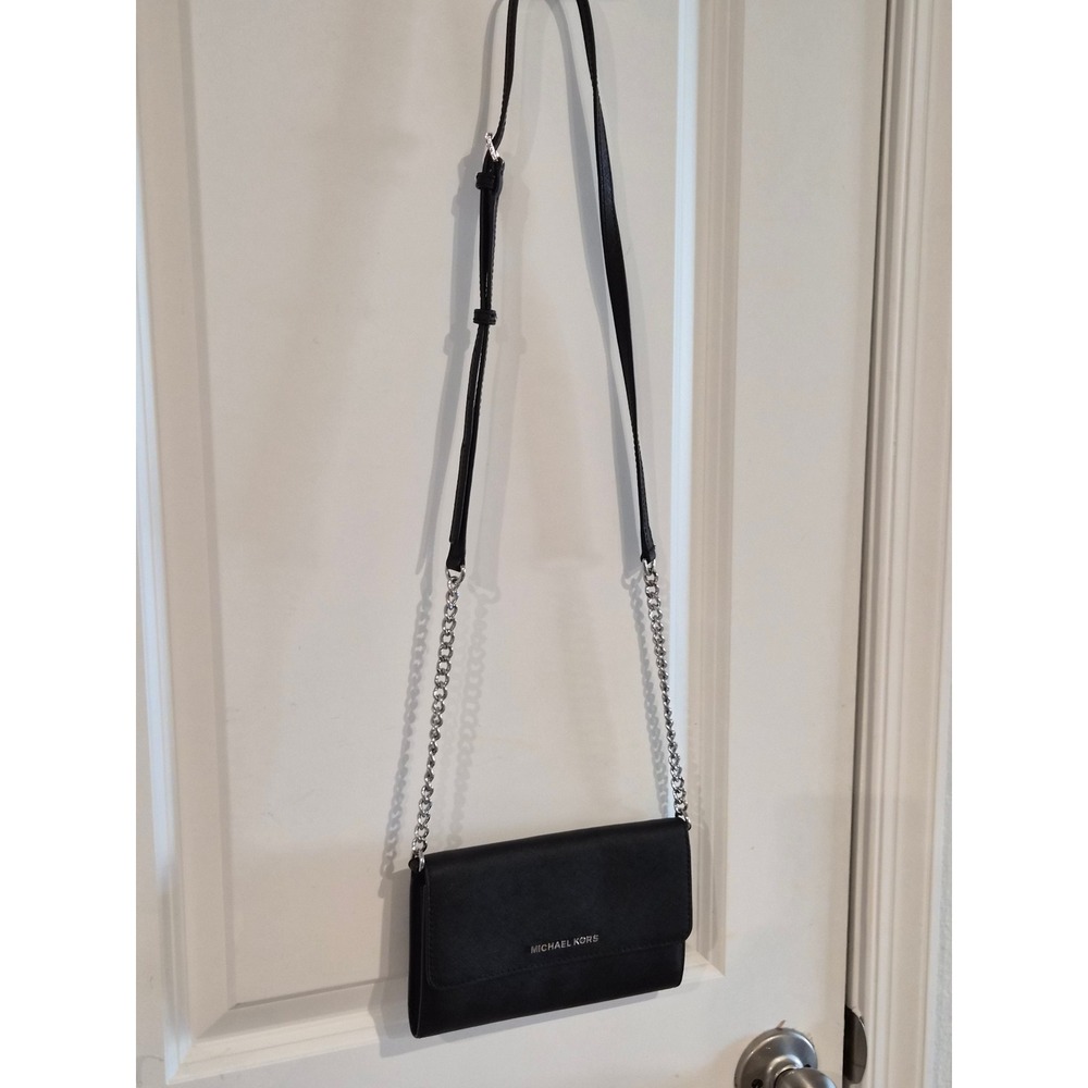 Michael Kors Black Saffiano Leather Crossbody Bag Silver Chain Strap - Picture 3 of 11